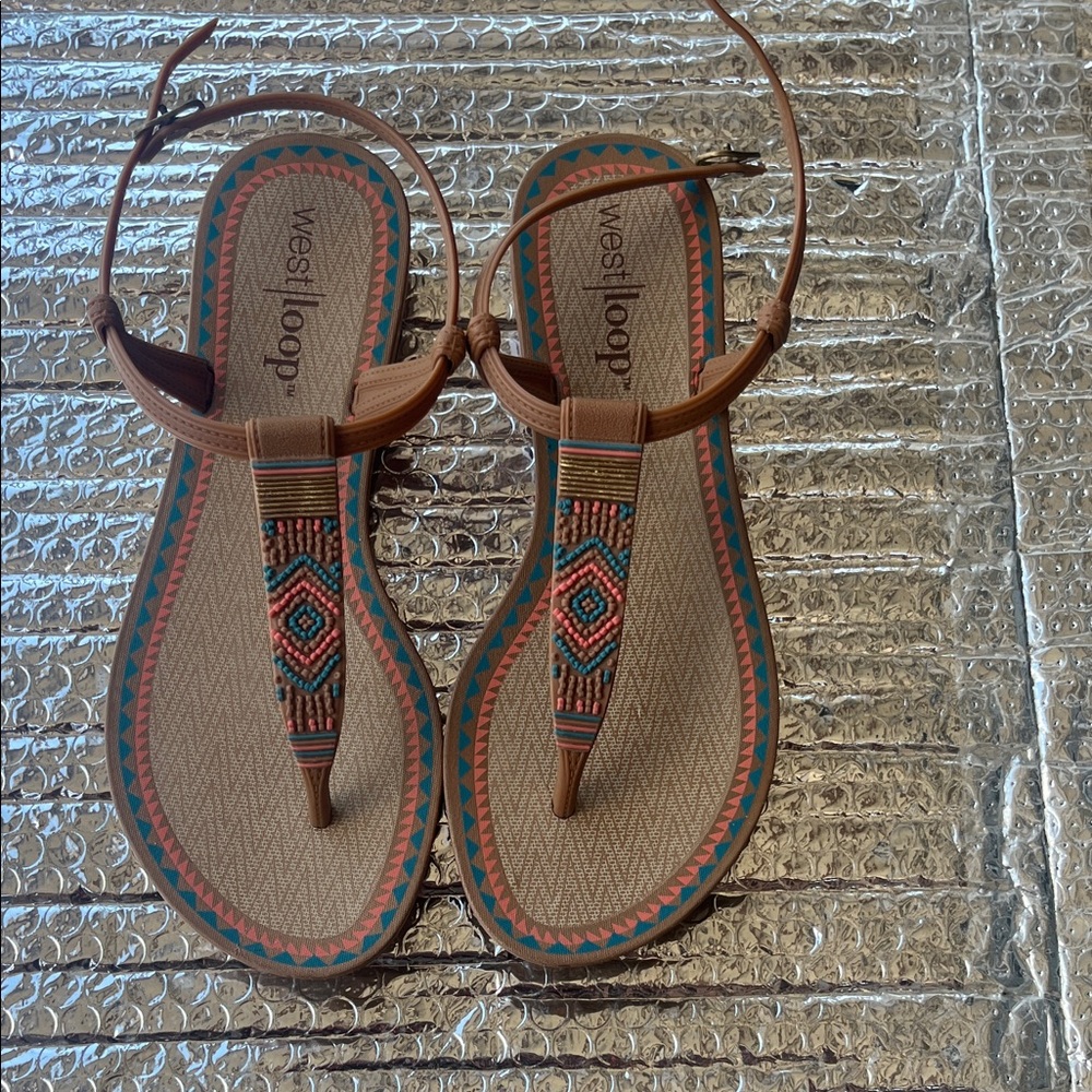 West Loop Tan Sandals with Colorful Patterns